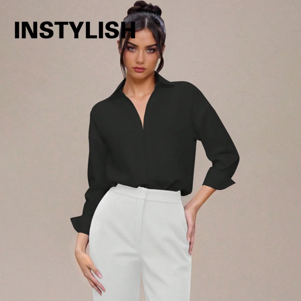 Women Shirt Bodysuit Oversized Boyfriend Half Sleeve Blouse Deep V Collar Bodysuit Shirts Elegant Office Lady Jumpsuit Top