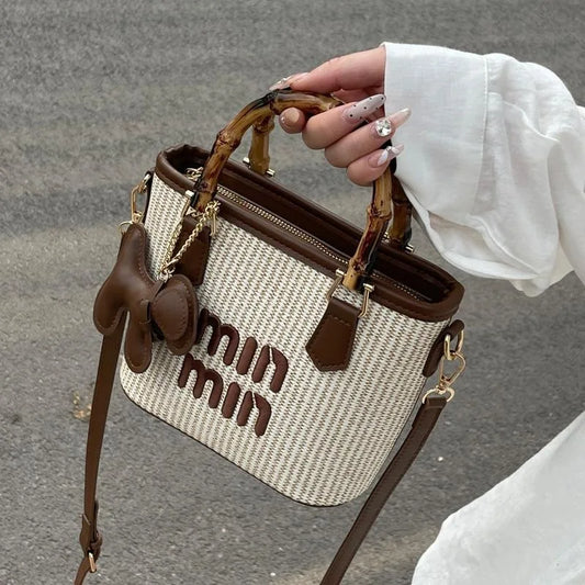 2025 New Spring Fashion Contrasting Straw Bamboo Joints Basket Bag Bucket Bag Hand-held Shoulder Diagonal Bag
