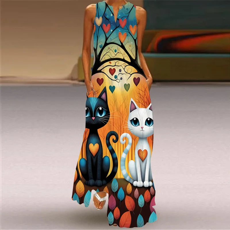 Summer Retro V-Neck Sleeveless Maxi Dress – Loose Artistic Print