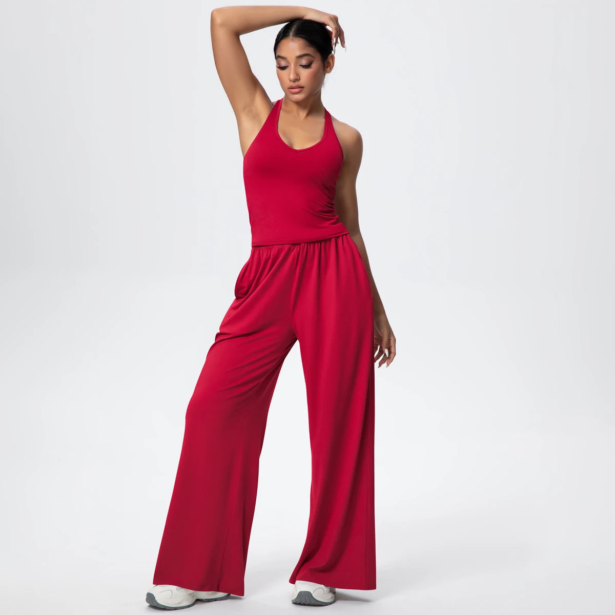 Breathable Loose Wide Leg Pants and Yoga Vest Set Solid Color High Stretch Pockets Pants Beautiful Back T-shaped Vest Yoga Suit
