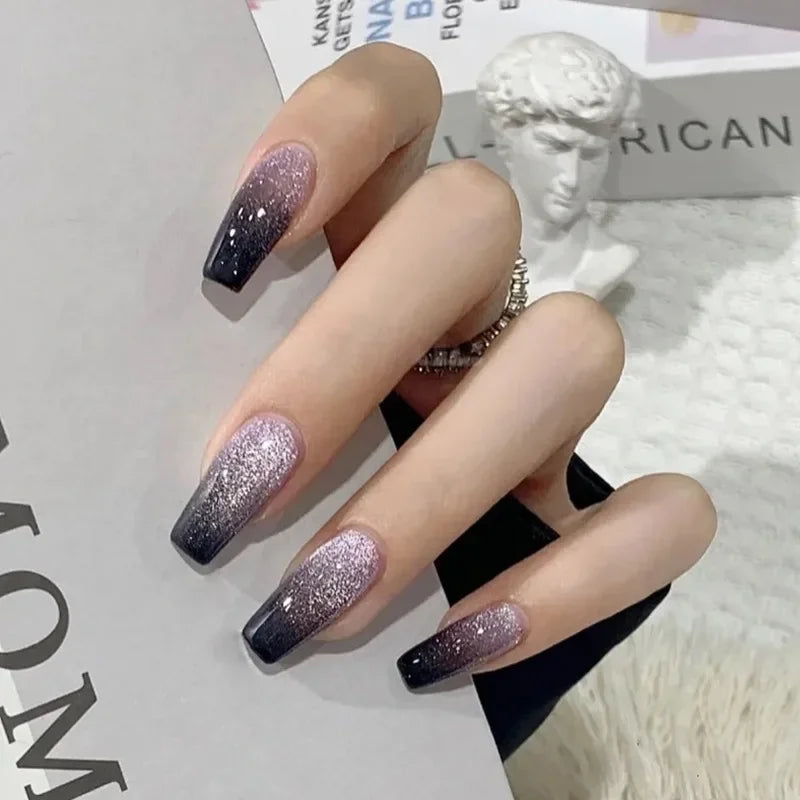 24pcs Galaxy Star Gradient Black Purple Nail Art Glitter Long Press on Nails with Charms Summer Korean Coffin False Nails Girls