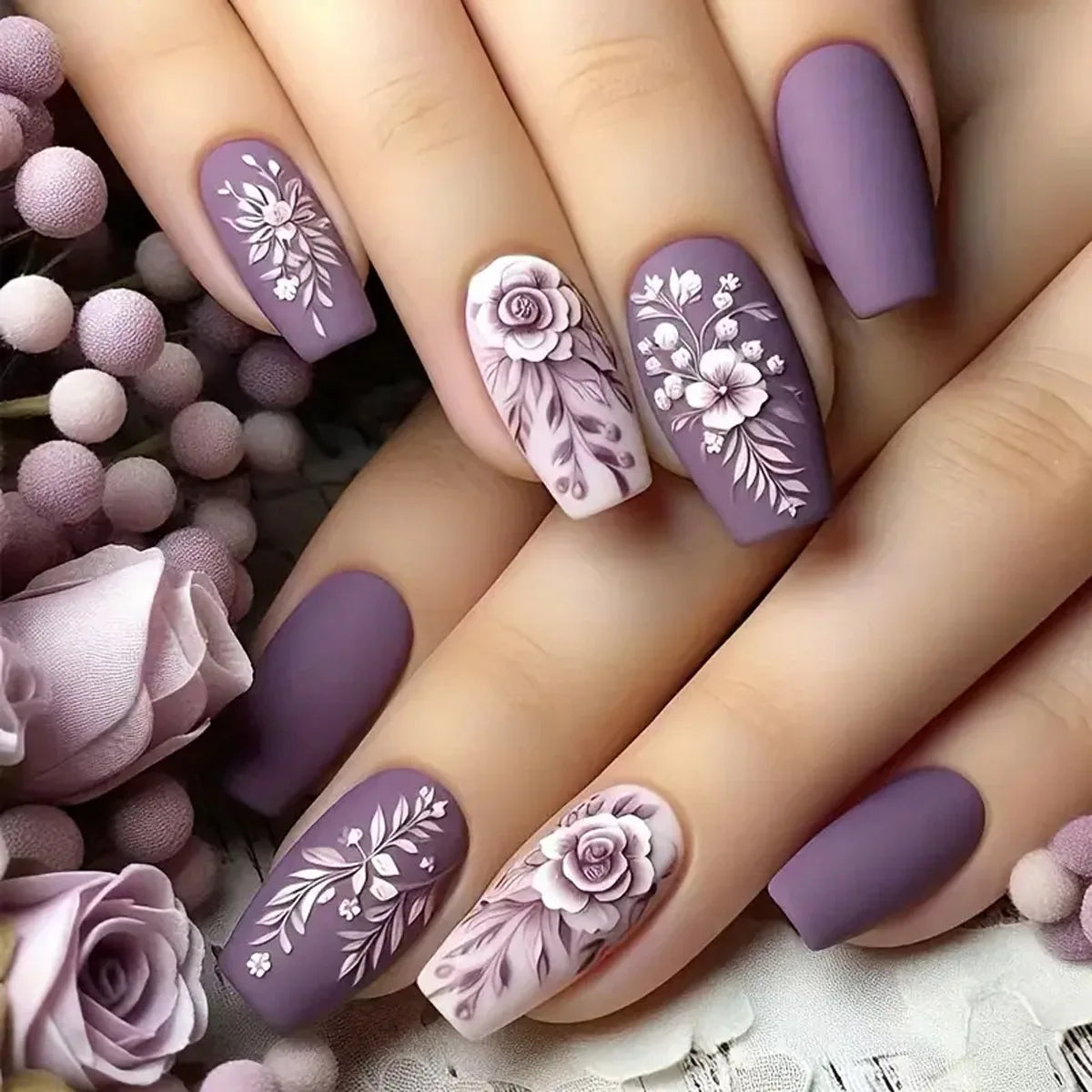24Pcs Solid Black Short False Nails with Rose Pattern Design Ballerina Square Artificial Full Cover Press on Nail Tips for Girls