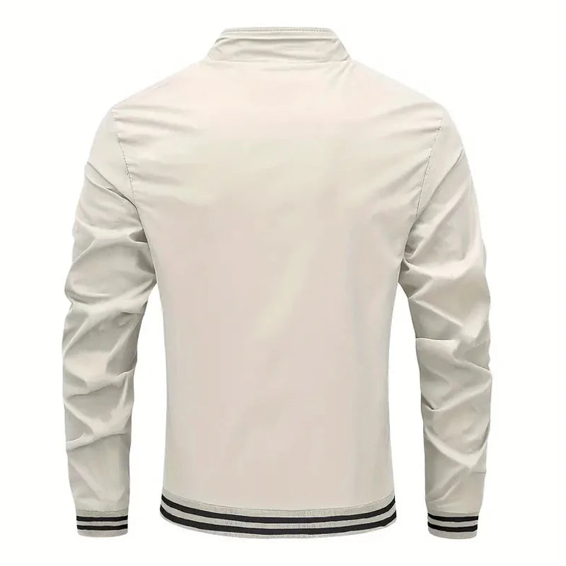 Autumn Winter Men's Long-sleeved Zipper Stand Collar Jacket Non-fleece 100% Polyester Fiber Collar Striped Design Casual Jacket