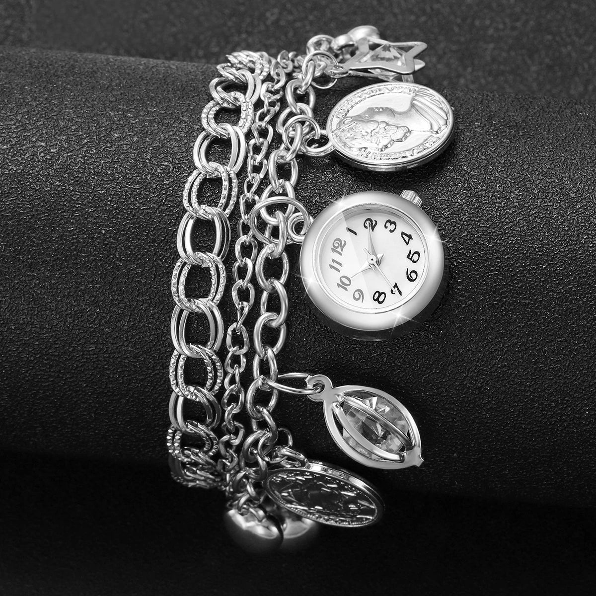 Fashion Women Silver Multi‑Layer Bracelets Watch Coin Bell Crystal Charm Ladies Quartz Wristwatches Relogio Feminino（Without Box