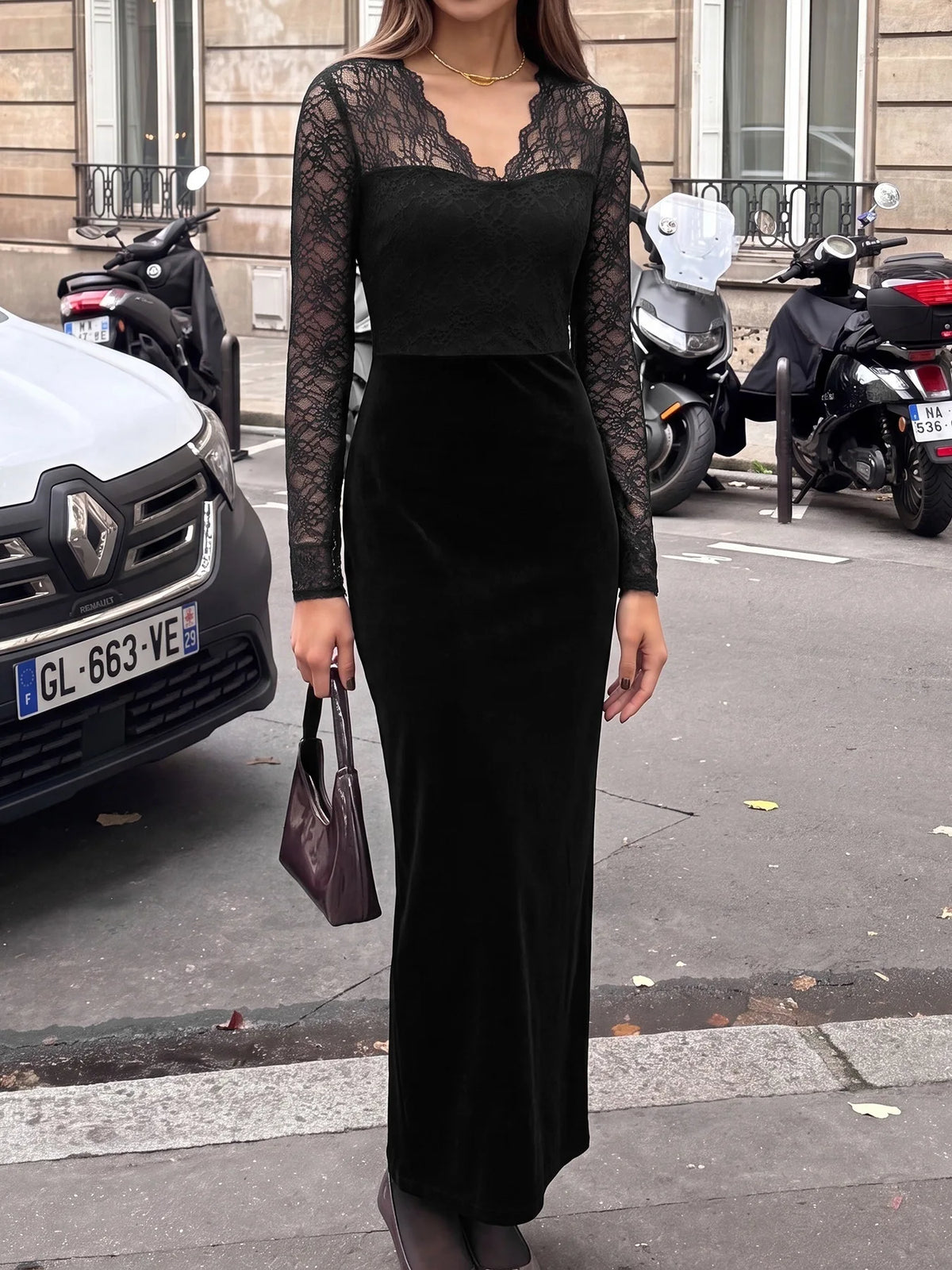 Women Velvet Maxi Dress Long Sleeve V Neck Lace Patchwork Bodycon Long Dress Elegant Evening Party Nightclub Slim Fit Dress