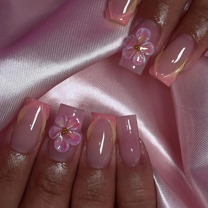 24Pcs Green French Press on False Nails with Pearl Long Square Head Nails Set Sun Star Pattern Wearable Full Cover Fake Nail Tip