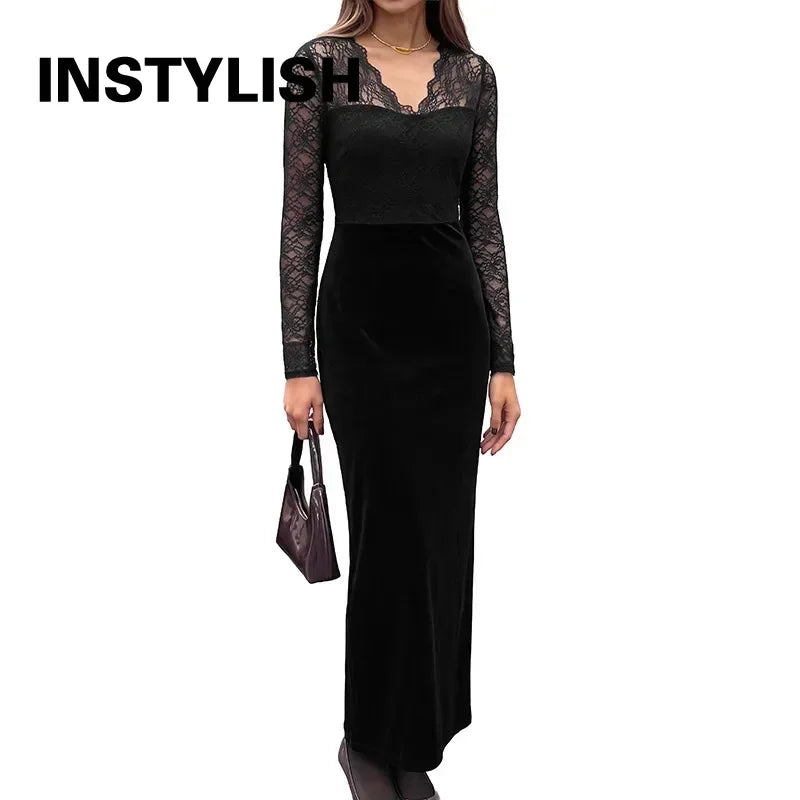 Women Velvet Maxi Dress Long Sleeve V Neck Lace Patchwork Bodycon Long Dress Elegant Evening Party Nightclub Slim Fit Dress