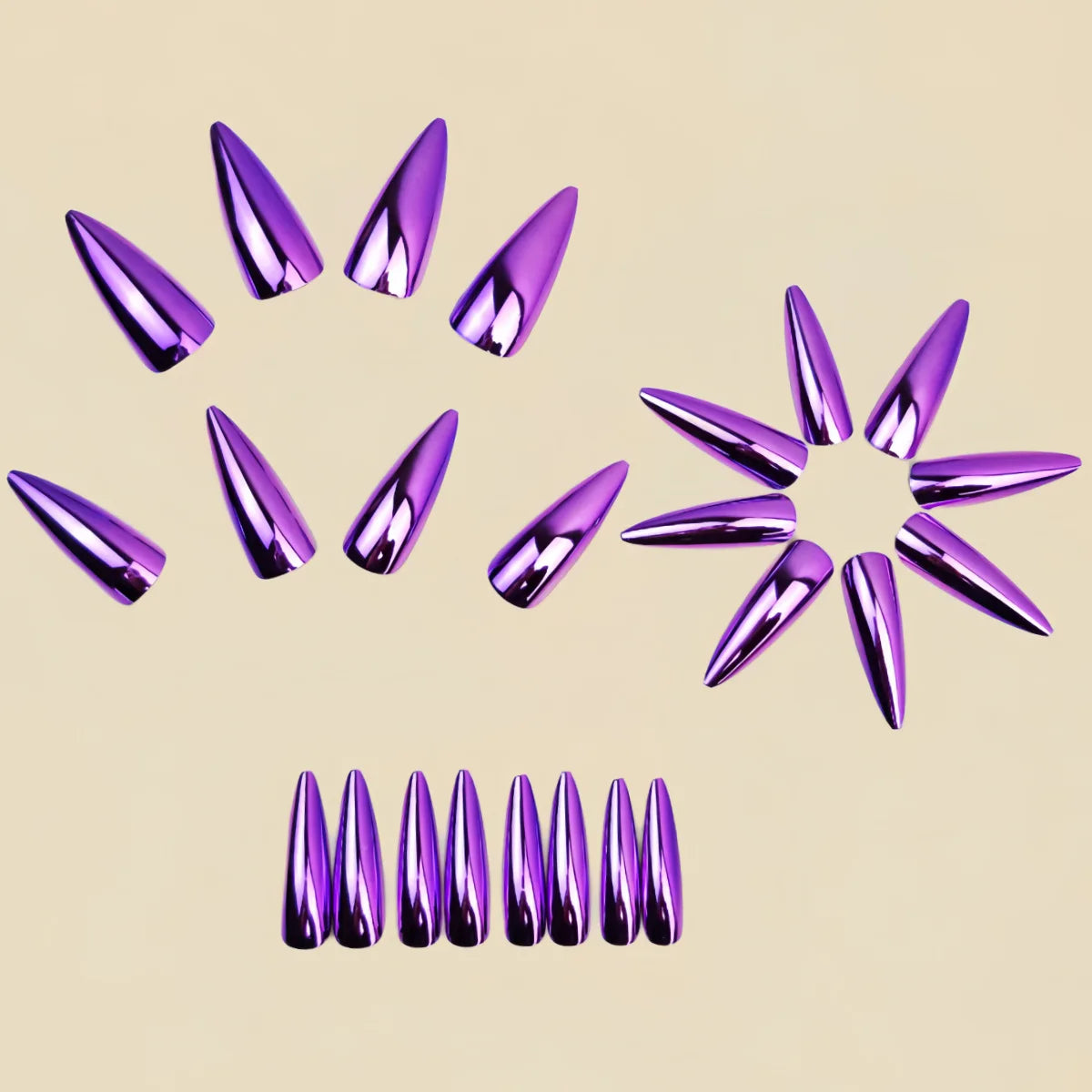 Medium long fake nails for women glossy Holographic Plated Purple waterdrop shape full cover reusable press on Artificial nails