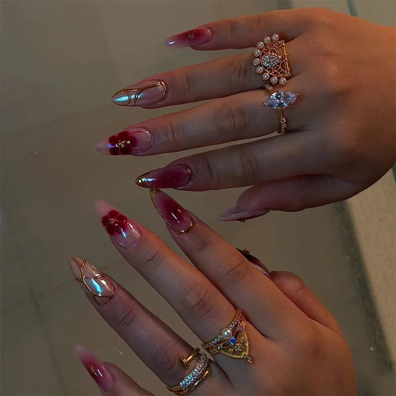 24Pcs Matte Almond Autumn Winter False Nails with Glue Glitter Butterfly Fake Nail Press Ons Black Gradient Artificial Nail Tips