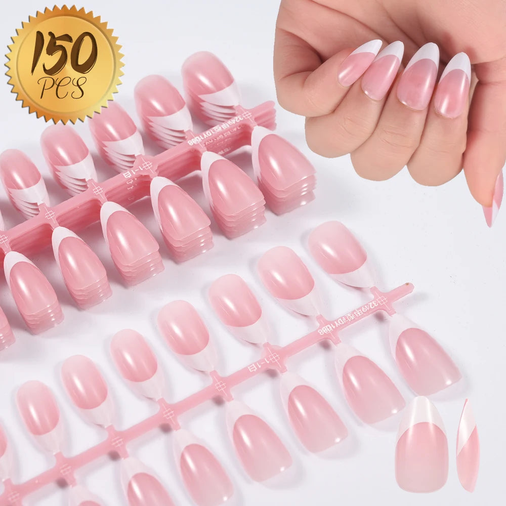 360/150Pcs Full Cover Press On Nails Short Stiletto Almond French False Nails White Edge Wearable Fake Nail Tips Extensions