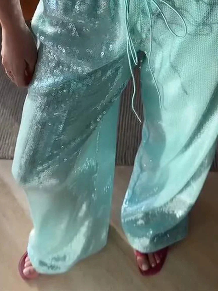 Summer Vacation Y2k Women's Sequined Pants Lady Chic High-Waist Lace Up Loose Fit Straight Mop Trouser Female Casual Streetwear