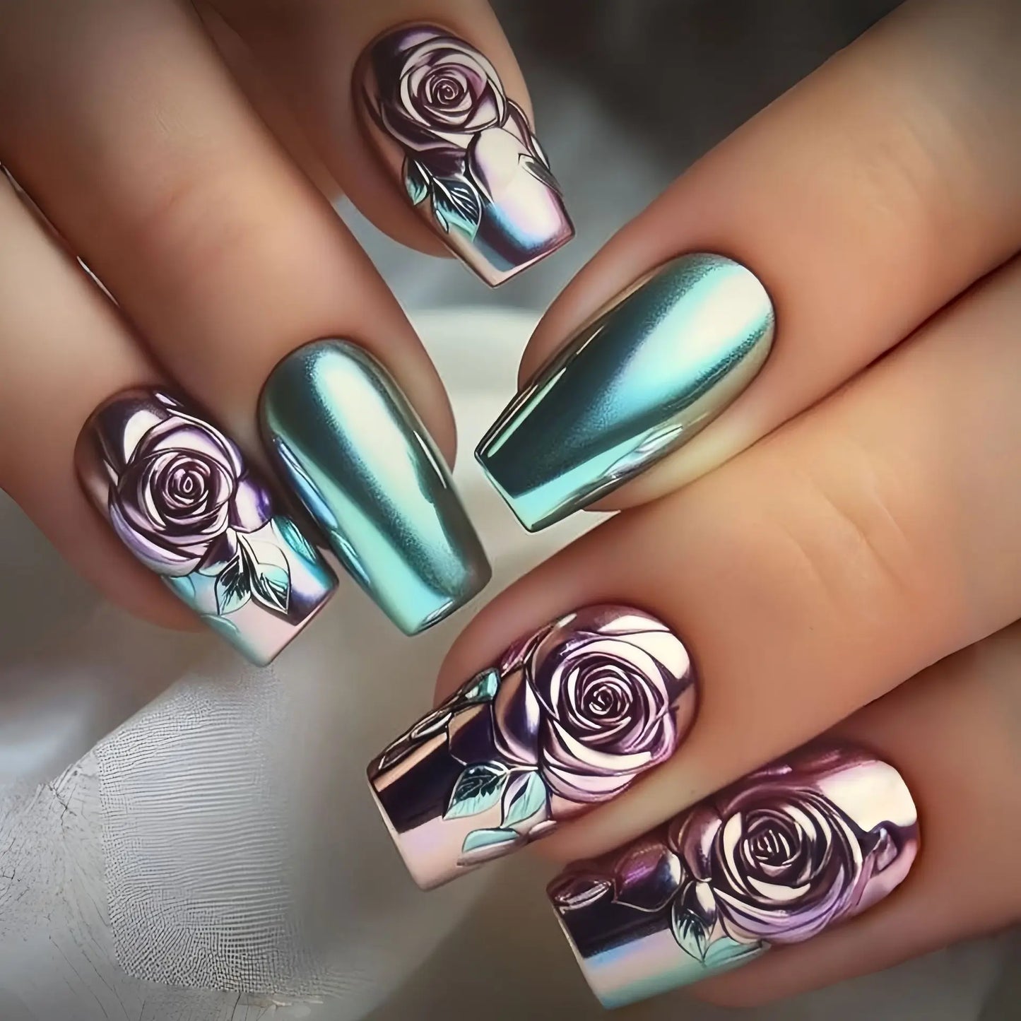 Short Medium fake nails for women girls green purple golden colors flowers leaf design glossy square ballet shape press on nails