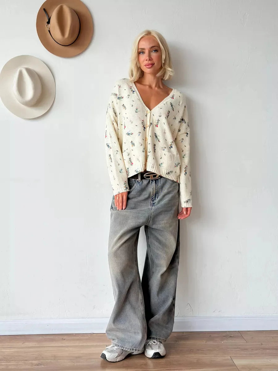 Womens' Elegant Knitted Print Cardigan Casual V Neck Floral Print Long Sleeve Coat Loose Front Sweater Autumn Winter Streetwear