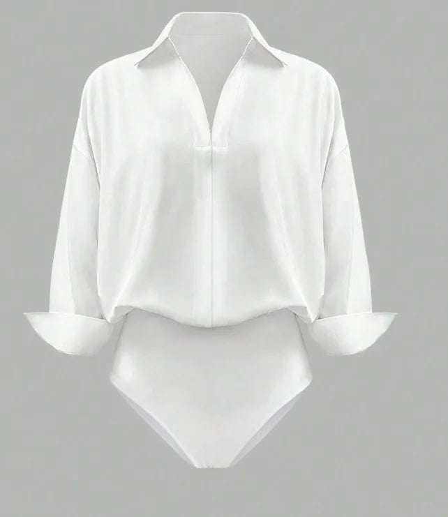 Women Shirt Bodysuit Oversized Boyfriend Half Sleeve Blouse Deep V Collar Bodysuit Shirts Elegant Office Lady Jumpsuit Top