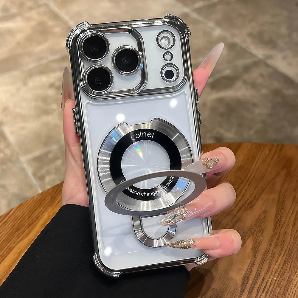 Luxury Plating Magnetic Bracket for Magsafe Clear Case for iPhone 17 16 15 Pro Max 11 12 13 14 Holder Stand Shockproof Cover
