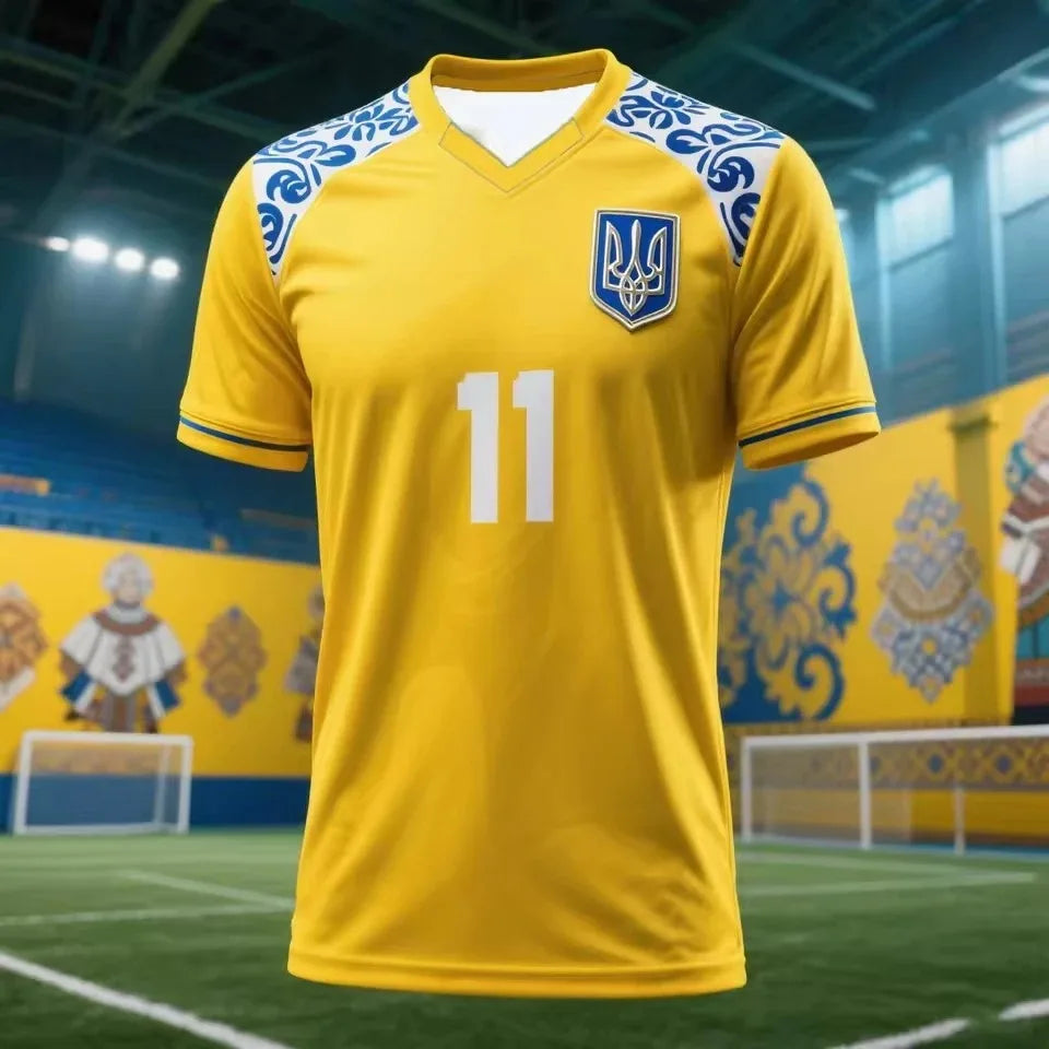 Soccer Jersey with Ukraine Trident Emblem Blue Yellow Flag Style 3D Printed Short Sleeve T Shirt Family Style Adults Kids Tee