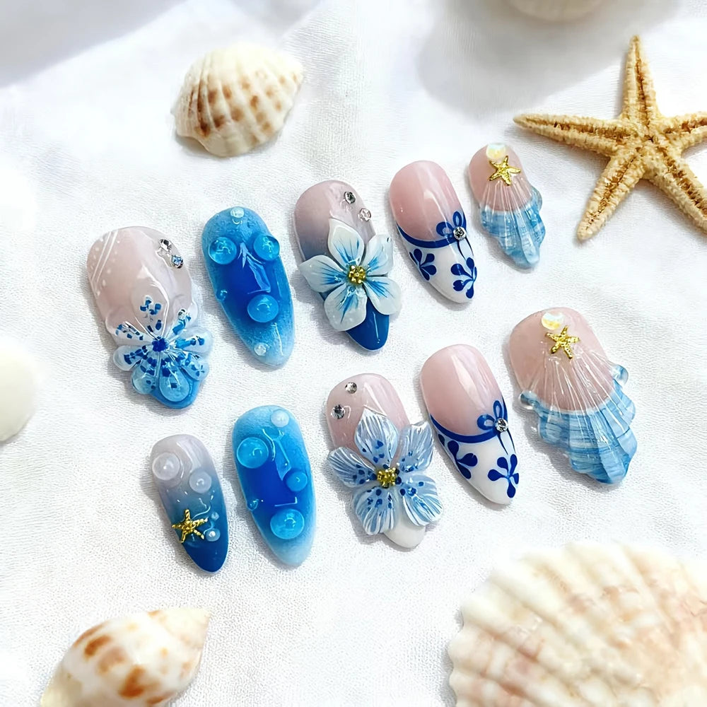 30pcs Epoxy Seashell Orchid Water Droplets False Nails Blue And White Porcelain Press On Nails Long Almond Starfish Fake Nails