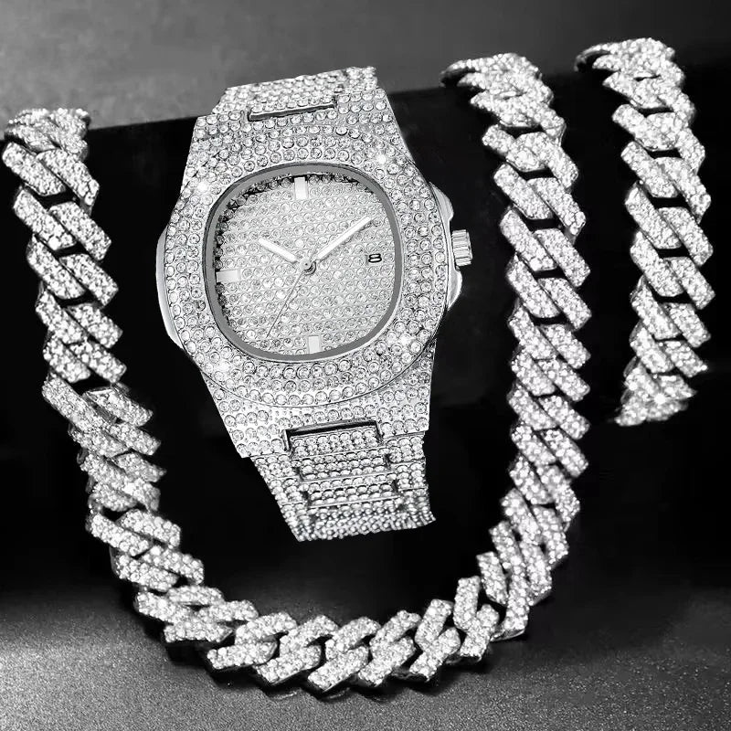 3PCS Iced Out Full Diamond Men Watch Cuban Chain Necklace Bracelet Set Hip Hop Quartz Wristwatch Accessories Relogio Masculino