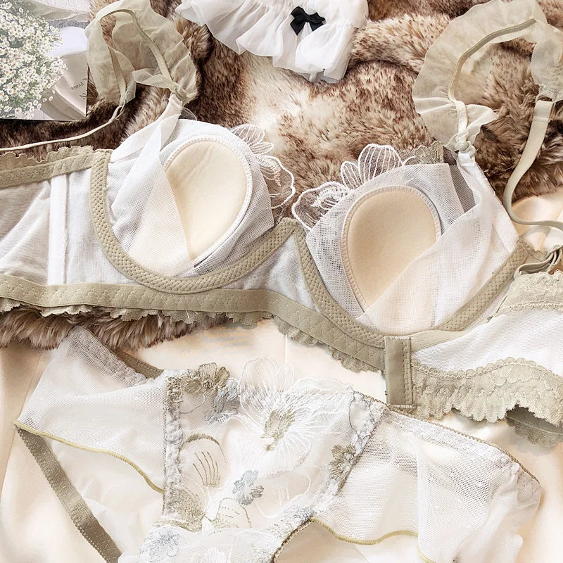 MOYISU French Elegant Embroidered Lace Minimizer Bra Support Soft Underwire Rabbit Ear Cup Sensual Lingerie Set Large Bust S-XL