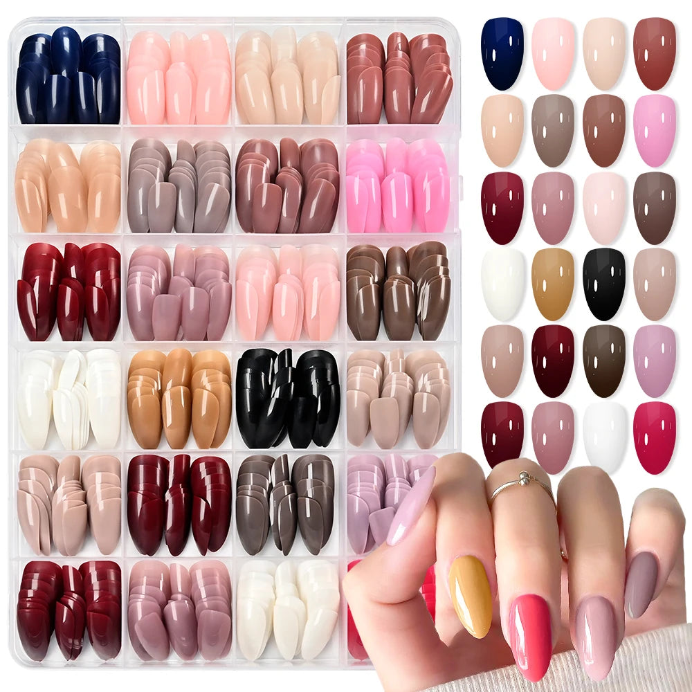 288/576pcs Short Almond Press On Nails Mixed Color Acylic Nail Extension Oval Full Cover False Nails for Women Glossy Fake Nails