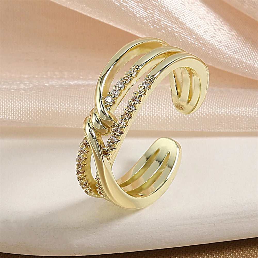 ZAKOL Fashion Double Layers Zircon Rings for Women Gold Color Plated Open Stainless Steel Ring Aesthetic Party Wedding Jewelry