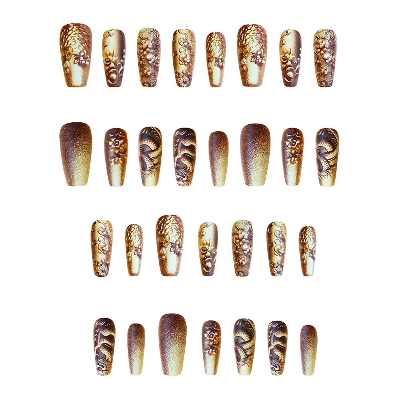 24pcs/set Medium long fake nails yellow dragon flowers feather design for Spring summer Square almond tips press on false nail