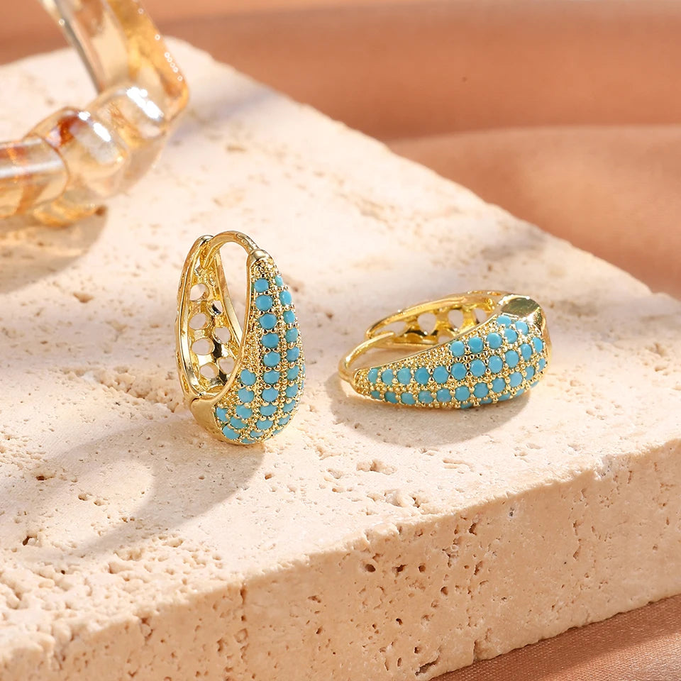 ZAKOL Luxury Turquoise Hoop Earrings for Women Temperament Gold Color Plated Micro-Intact Blue Zircon Party Ear Accessories