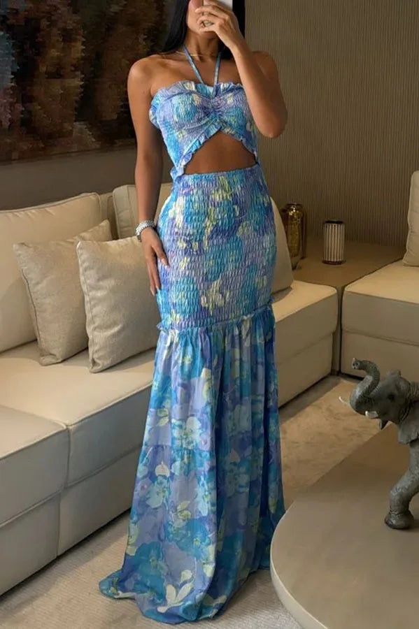 BKLD Women Clothing Halter Neck Party Dresses Fashion Printed Vacation Outfits Hollow Out Ruched Night Out Vestidos Clubwear