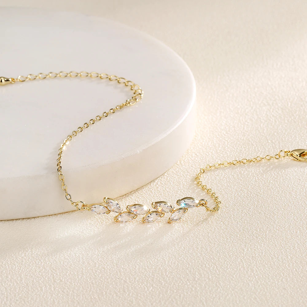 ZAKOL Exquisite Leaf Cubic Zirconia Charm Chain & Link Bracelets for Women Girls Three Colors Bridal Wedding Jewelry