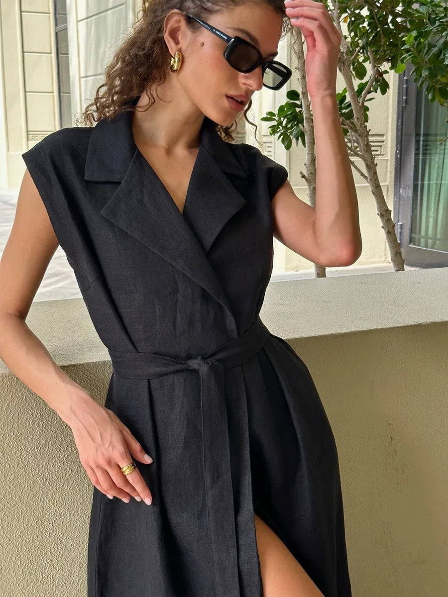 BKLD 2026 Spring Summer New Arrival Sleeveless Shirts Dress Casual Turn-Down Collar Tied Waist Dress Solid Color Women Clothing