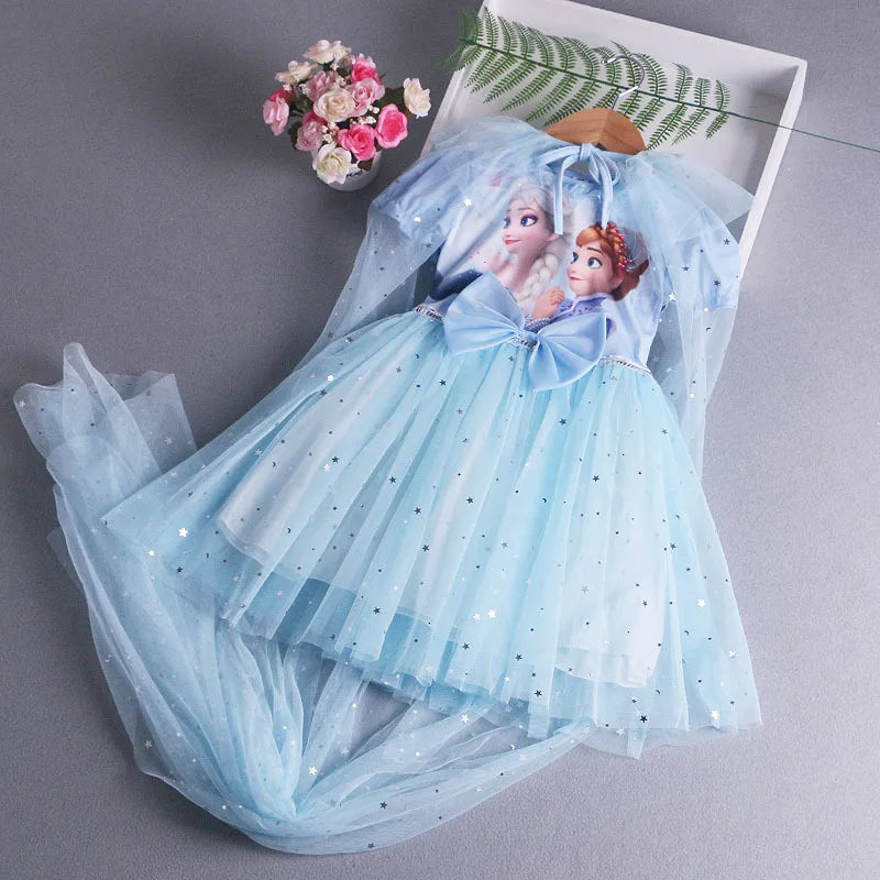 Disney Elsa Princess Dress with Cape Girls Dress Summer Kids Short Sleeve for Children's  2-8Y