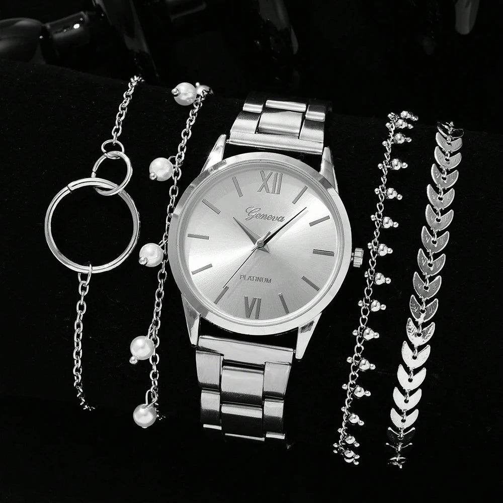 5PCS Quartz Watch Set Women Fashion Silver Round 3 Eyes Alloy Strap Wristwatch Gift Rhinestone Watch For Women Jewelry Set