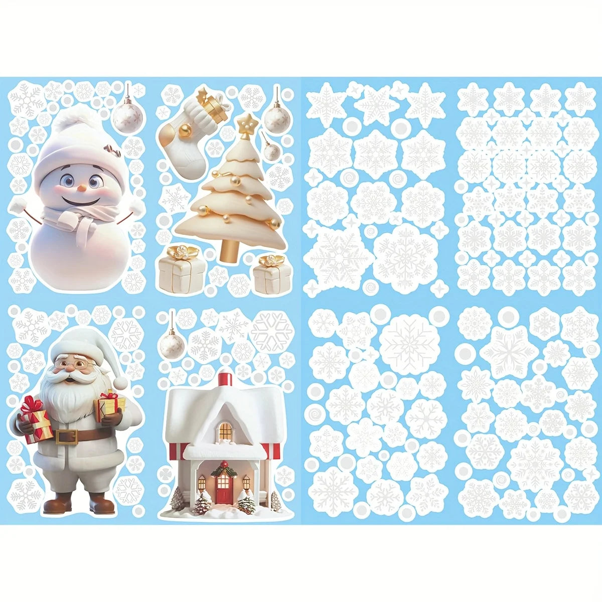 4/8 Sheets 3D Cartoon Christmas Window Clings, Santa Snowman Xmas Tree Gingerbread House & Snowflake Decals, Removable Glass