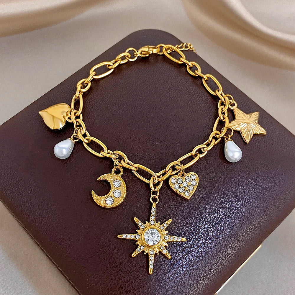 Flashbuy New Trendy Chic Gold Plated Stainless Steel Bracelet Statement Moon Heart Star Charm Sun Pendant Wrist Fashion Jewelry