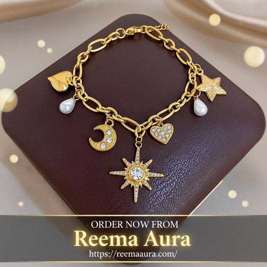 Flashbuy New Trendy Chic Gold Plated Stainless Steel Bracelet Statement Moon Heart Star Charm Sun Pendant Wrist Fashion Jewelry