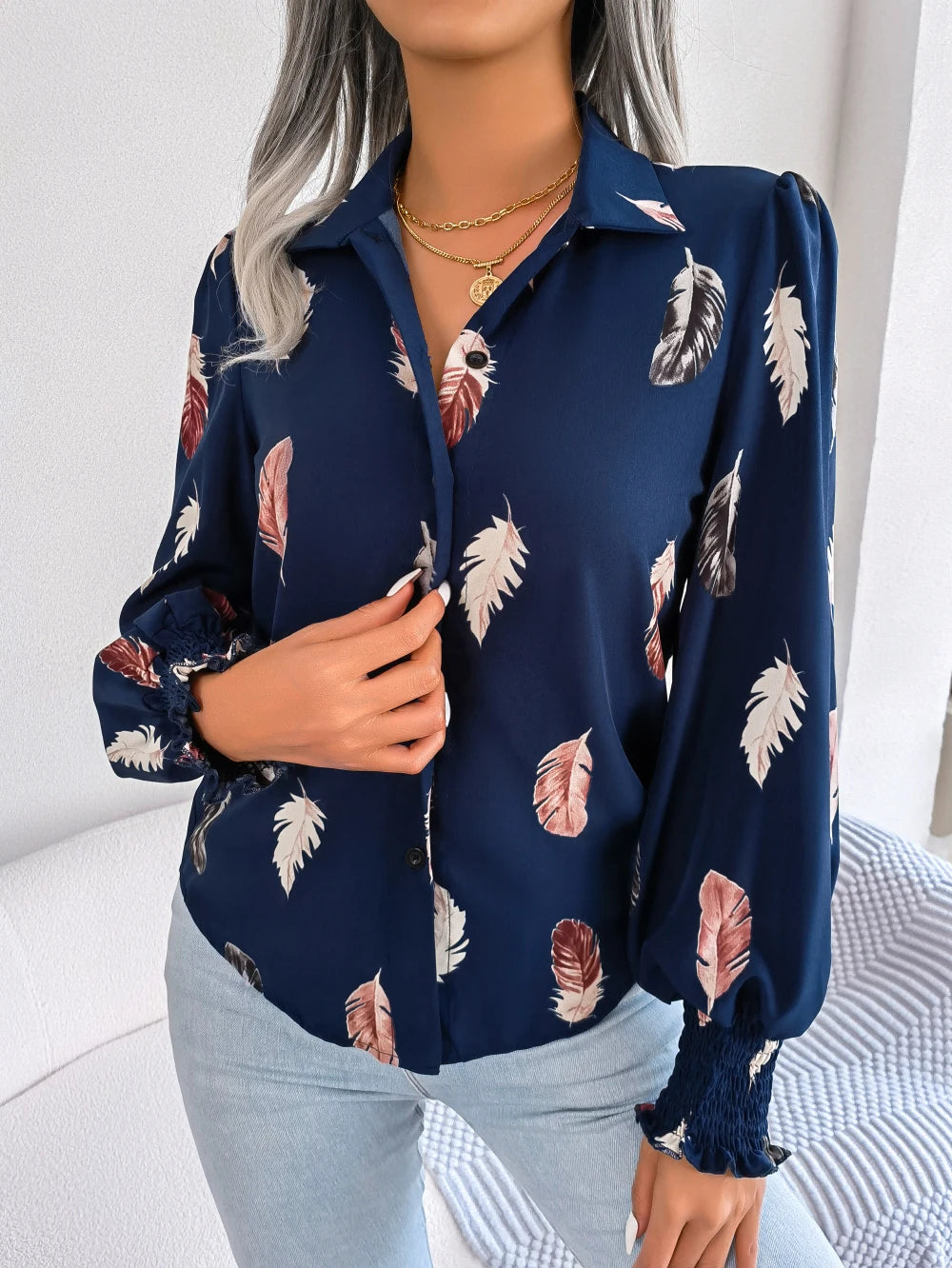 Women's Casual Feather Print Long Sleeve Office Lady Shirts for Autumn Turn Down Collar Buttons Woman Clothing White Pink Blue