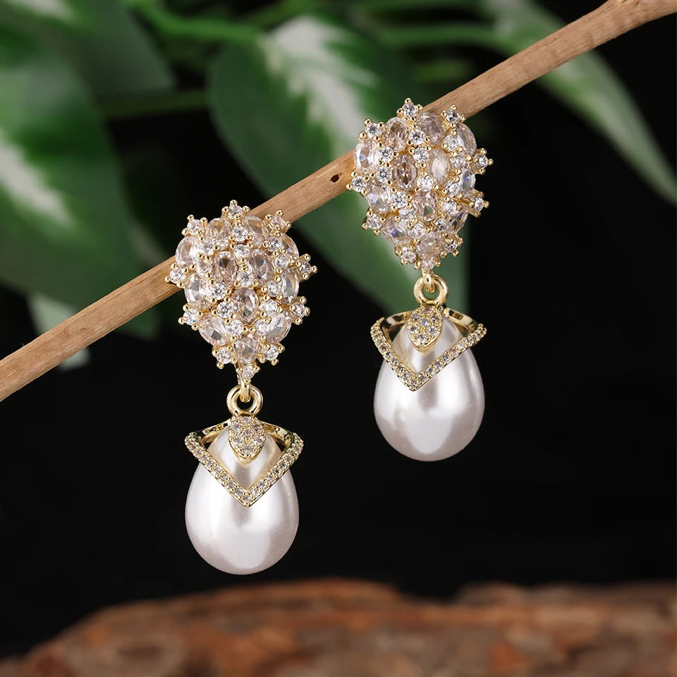 ZAKOL Luxury Big Teardrop Pearl Drop Earrings for Women Elegant Flower Shiny Zircon Wedding Party Jewelry Gift