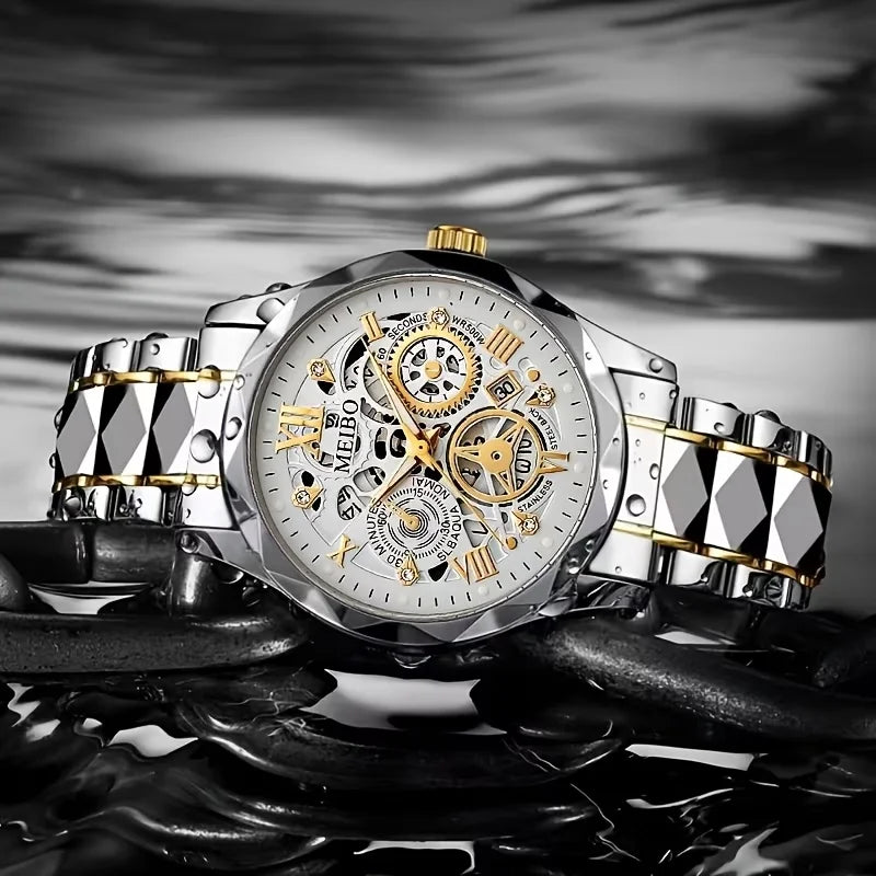 Fashion Skeleton Dial Men Business Watches Luxury Stainless Steel Calendar Quartz Wristwatch Relogio Masculino (Without Box）