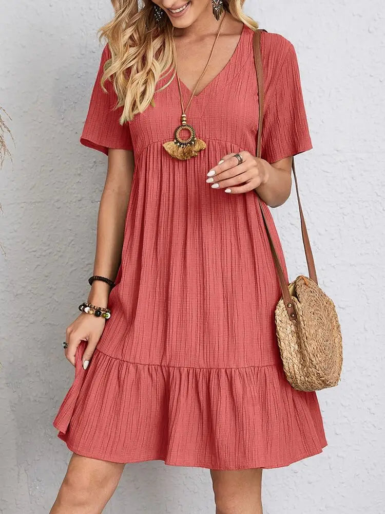 Women Elegant V Neck Ruffles Mini Dress Summer Vintage Solid Loose Sundress Bohemian Casual Solid Beach Party Vestidos