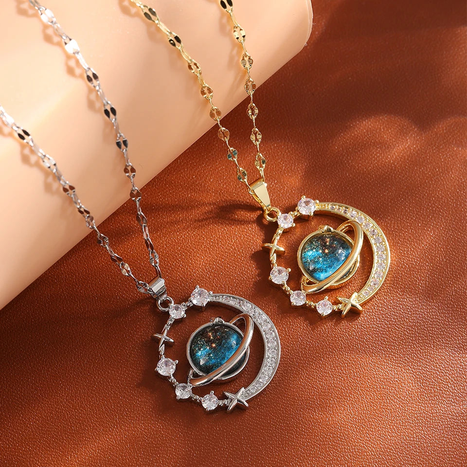 ZAKOL Delicate Micro-Inlaid Zircon Blue Planet Pendant Necklace for Women Titanium Steel Chain Collares Para Mujer