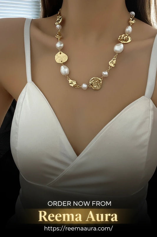 Flashbuy Trendy Gold Color Necklace Creative Irregular Metal Pearls Chain Choker Necklace Clavicle Chain Collier Jewelry