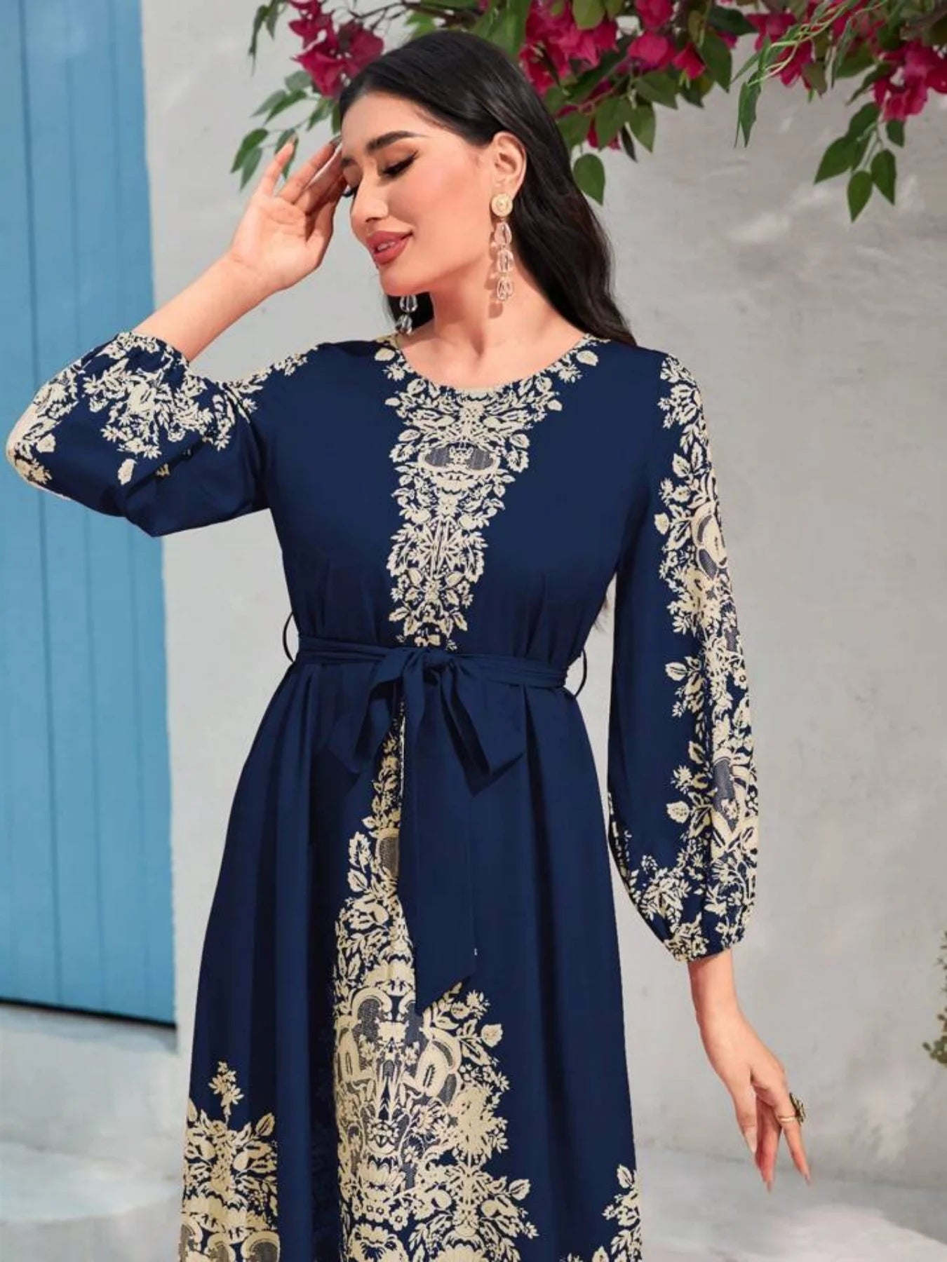 New arrival  Lady Elegant Classic Print Waist Belt Dress Long Dress