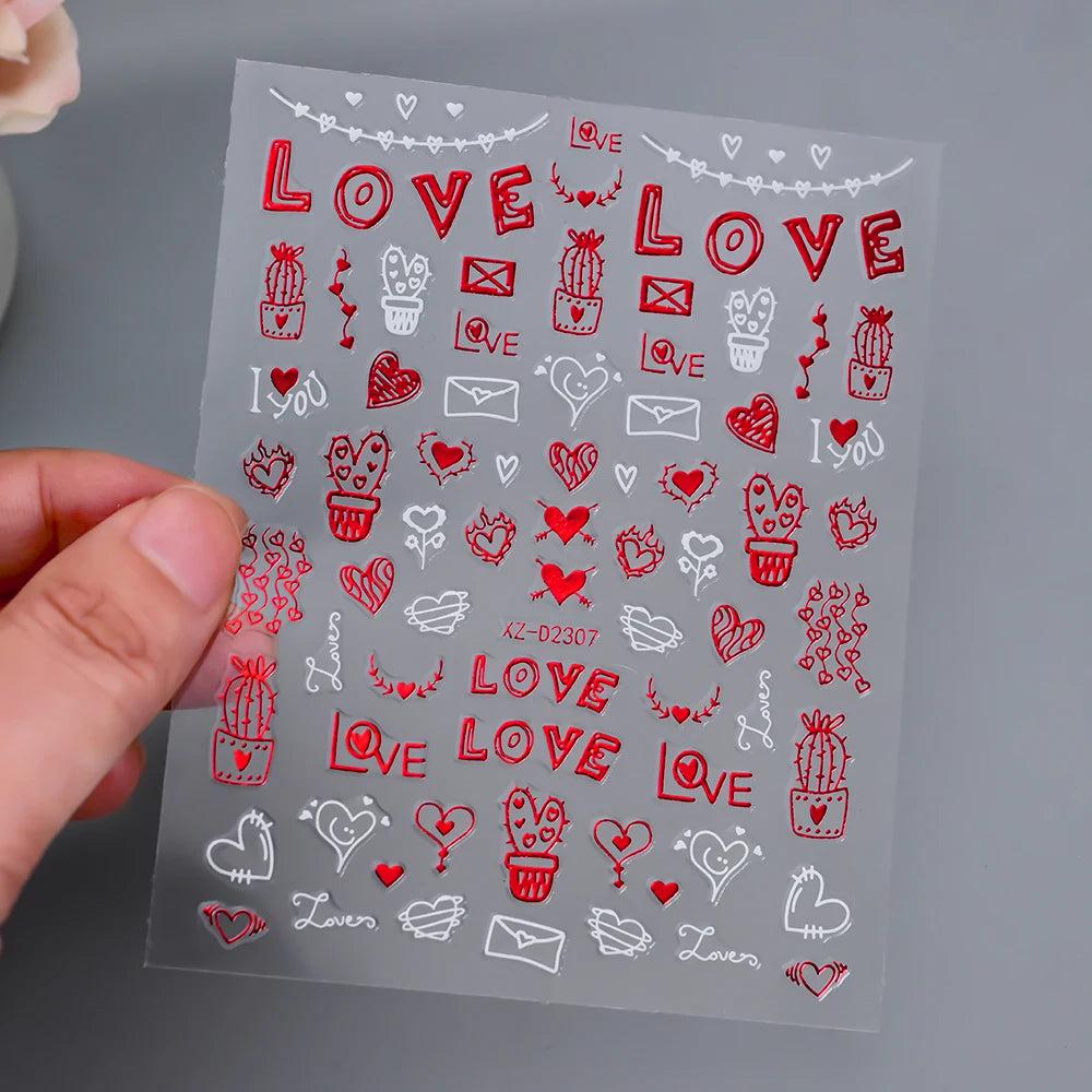 1Pc 3D Red Love Heart Nail Art Stickers Rose Flower Lip Self Adhesive Decals Valentine' Day Nail Sliders For Manicure Decoration