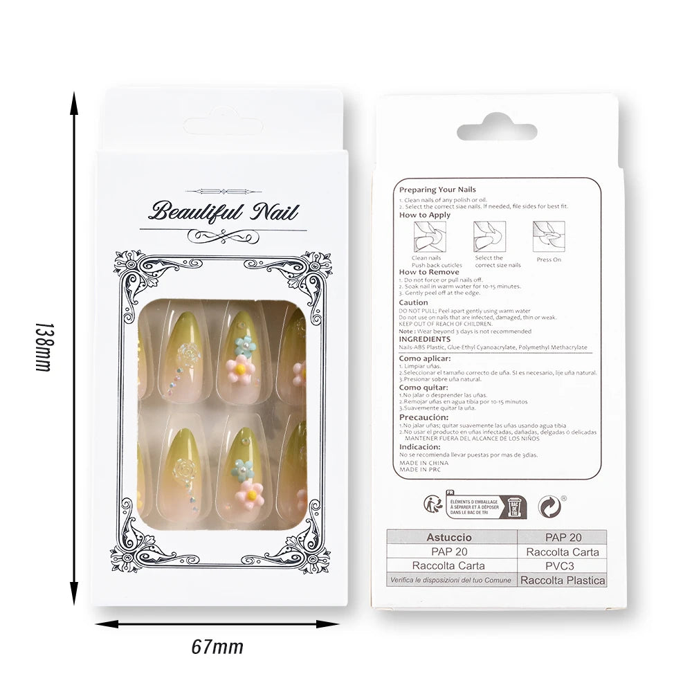 24Pcs Gradient Almond French False Nails Spring Flower Design Full Cover Fake Nails Extension Wearable Press on Nails for Women