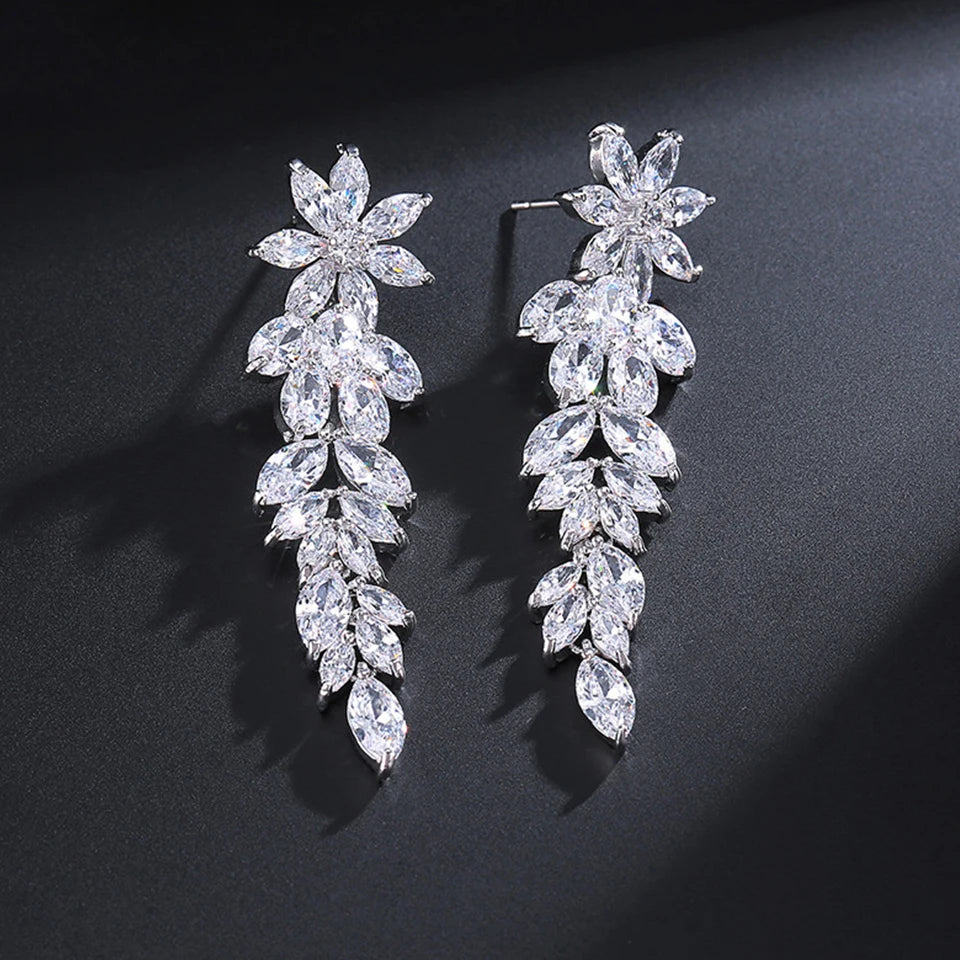 ZAKOL Fashion Cubic Zirconia Leaf Long Dangle Earrings for Elegant Women White Leaves Drop Earring Bridal Wedding Jewelry