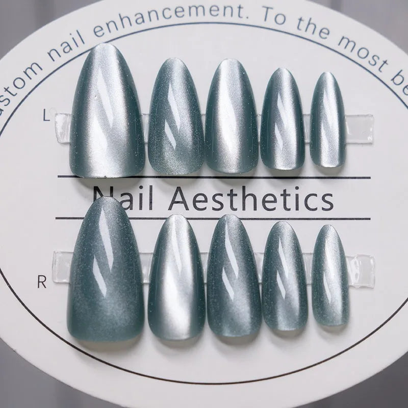 24pcs Fashion Medium False Nails with Glue Cat Eye Artificial Stick-on Nail Tips Almonds Acrylic Press on Nails for Gluing 2024