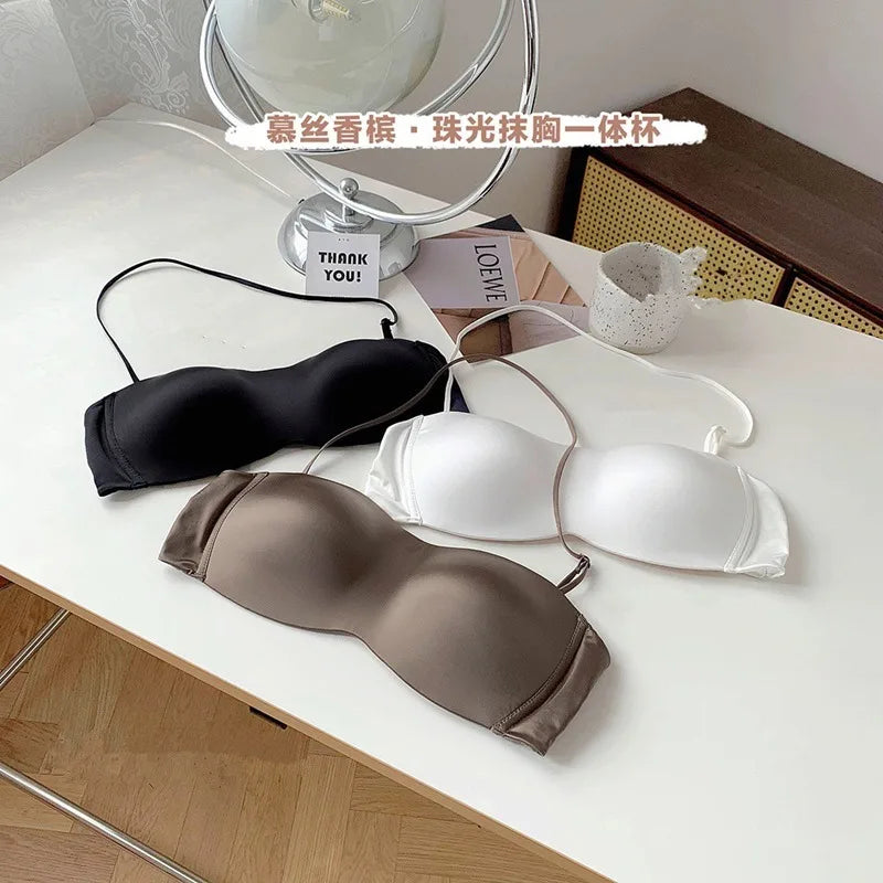 Premium Satin Convertible Bra Japanese Style Strapless Halter Versatile Wear Seamless Comfort Lingerie for Women CA S-XL MOYISU