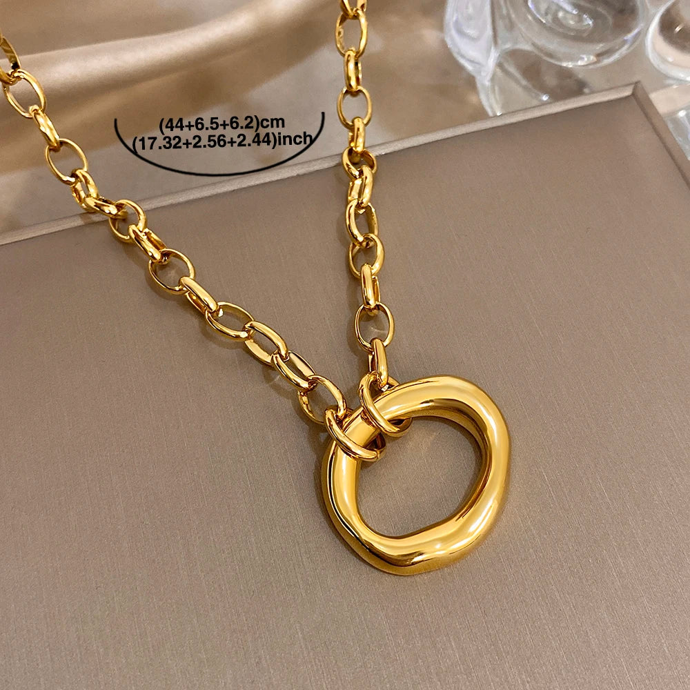 Golden 316L Stainless Steel Irregular Hollow Round Pendant Necklace for Women Statement Thick Chain High Quality Jewelry Gift