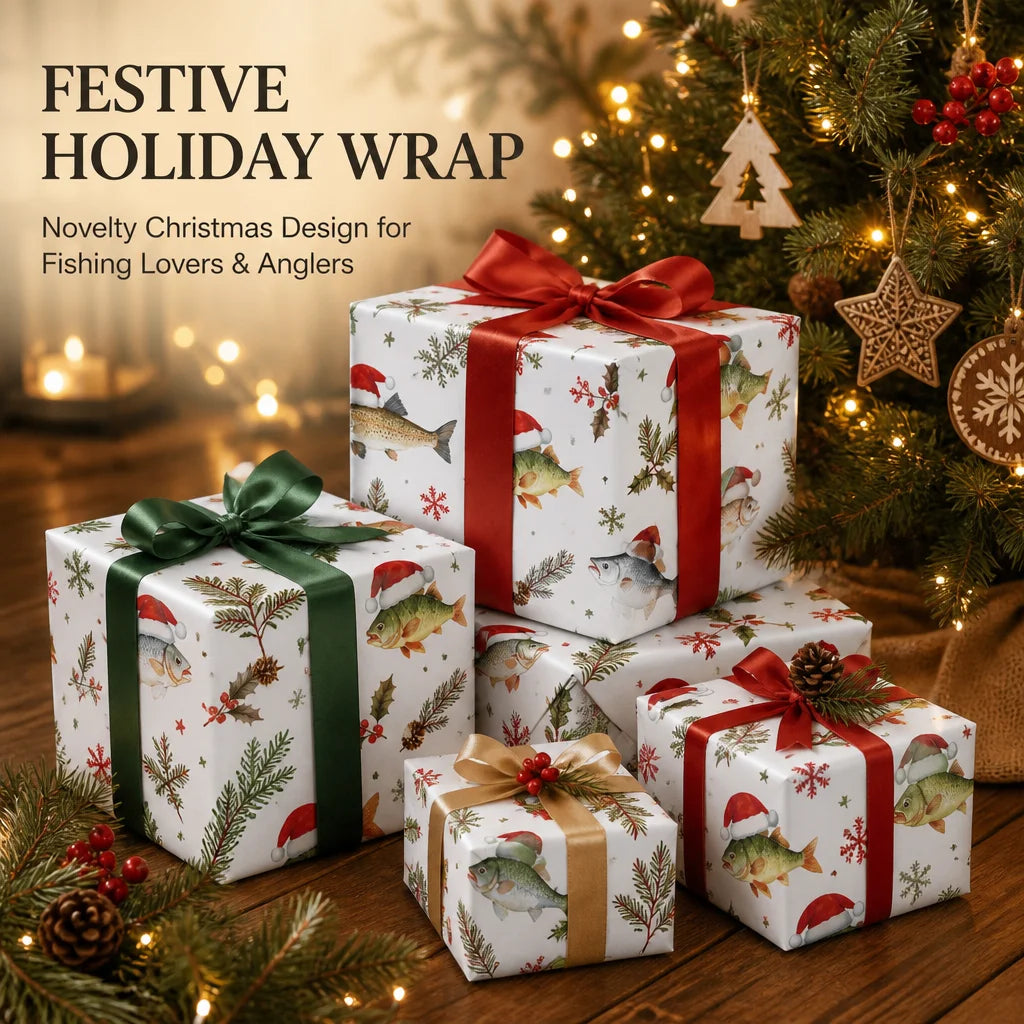 43X300CM Fisherman Christmas Wrapping Paper, Cute Santa Hat Fish Pattern, Winter Pine & Holly Design for Angler Holiday Gifts