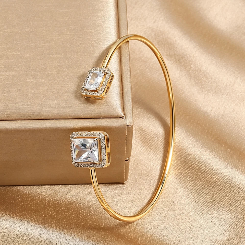 ZAKOL 4pcs Golden Bracelets Set Geometric Square Crystal Zirconia Inlaid Copper Stainless Steel Stackable Bangles Luxury Jewelry